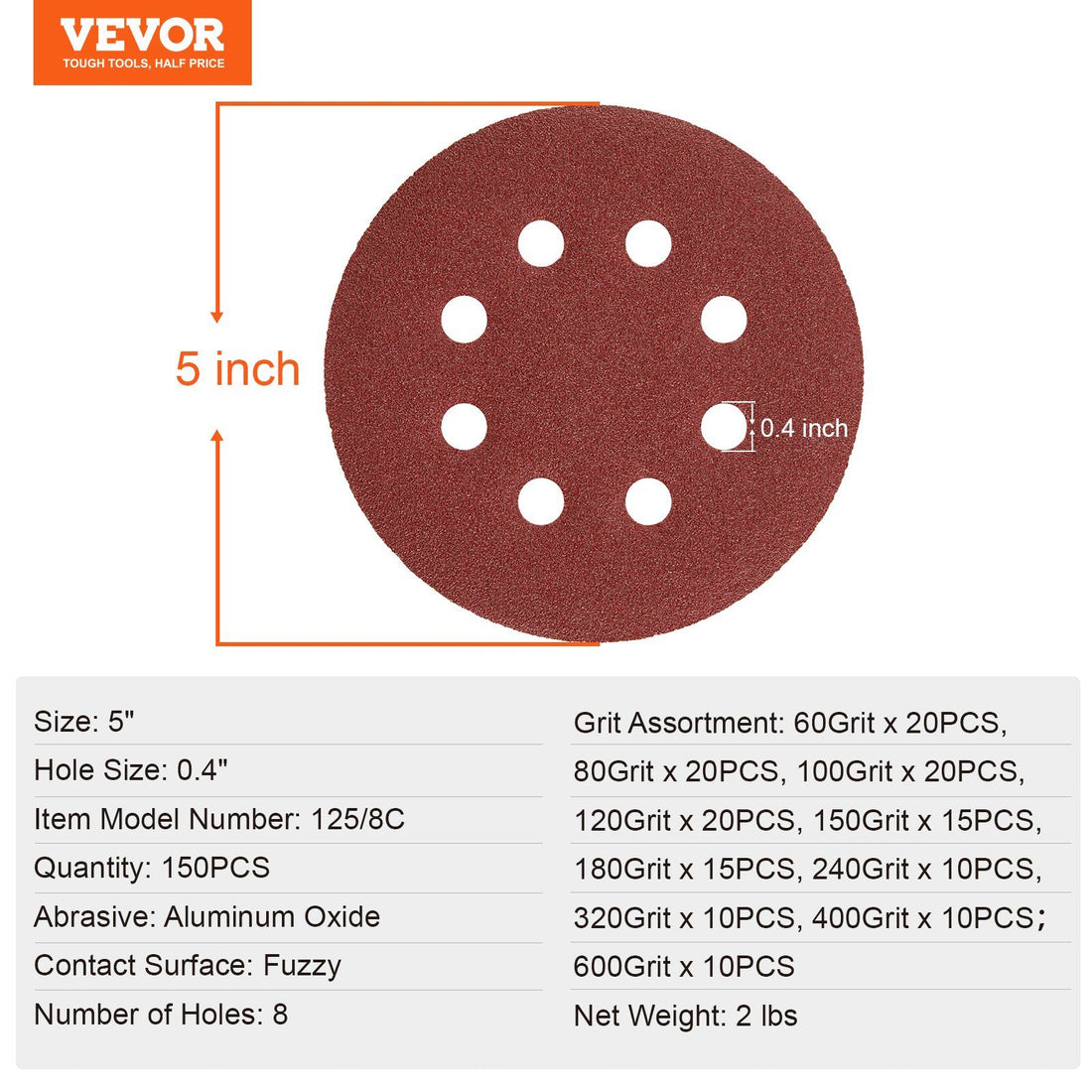150-piece 5-inch sanding discs set with 60 to 600 grit