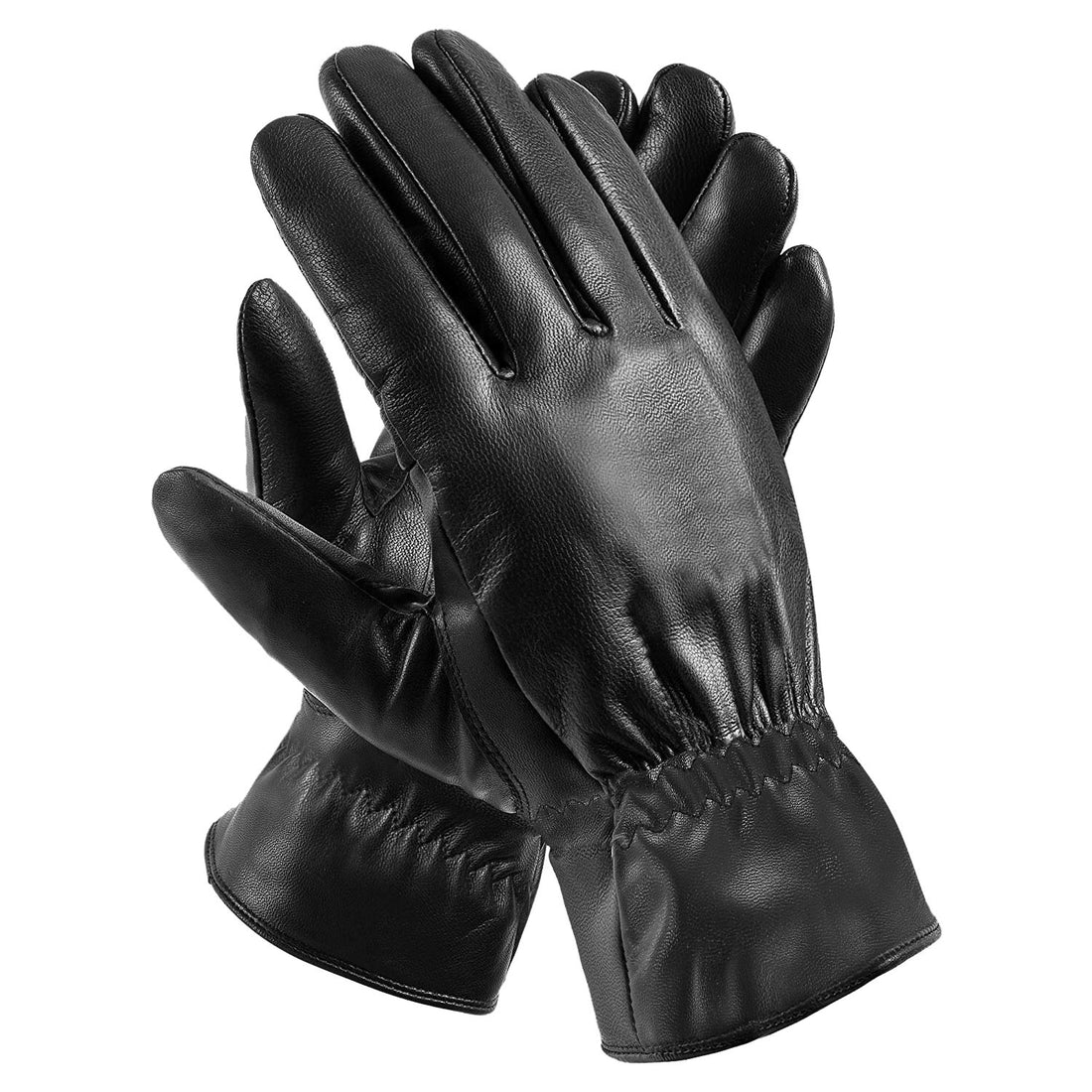 Pair of black PU leather winter gloves, angled view