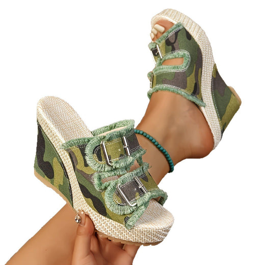 Women's Denim Wedge Heel Peep-Toe Sandals