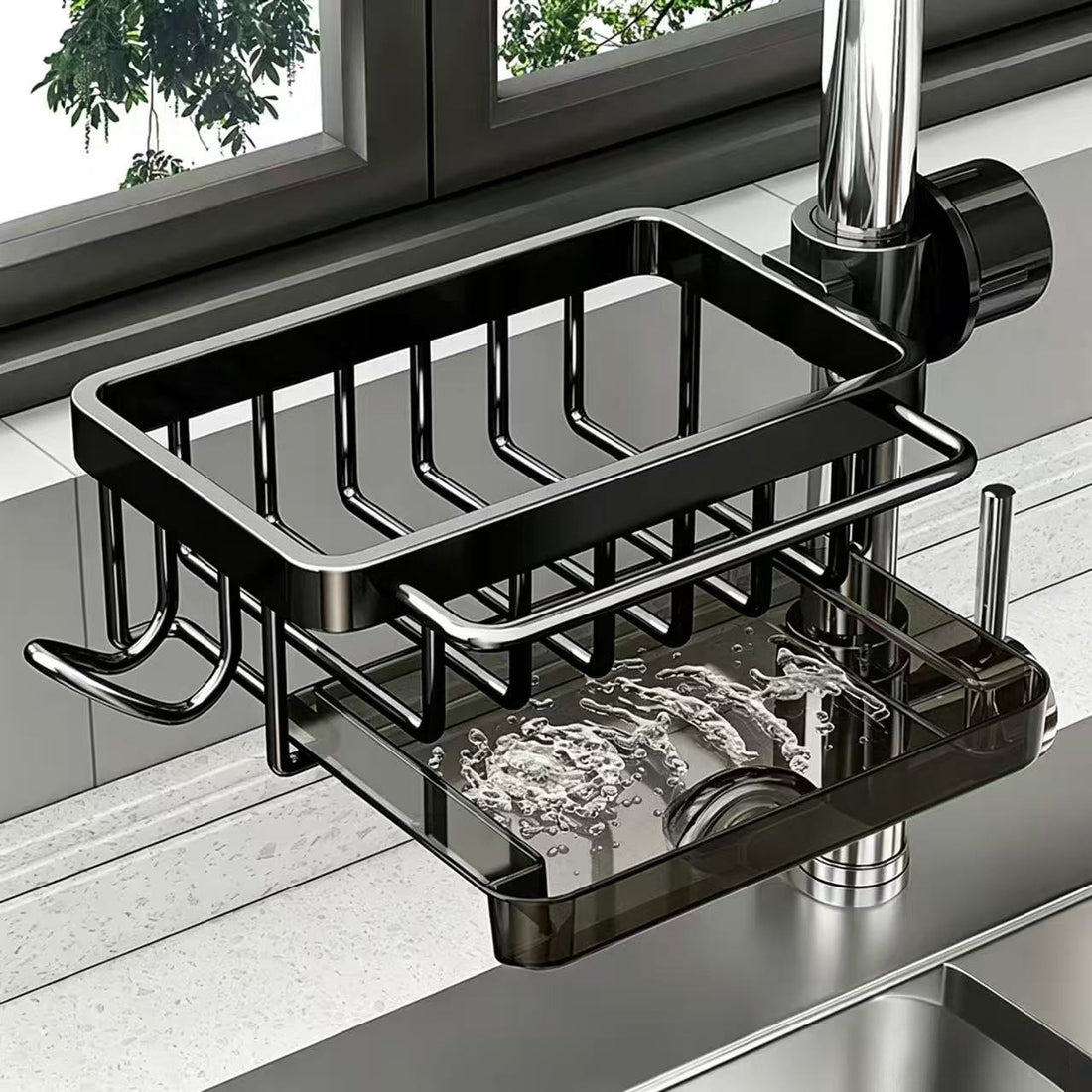 Space Aluminum Faucet Sink Storage Rack with Drip Tray