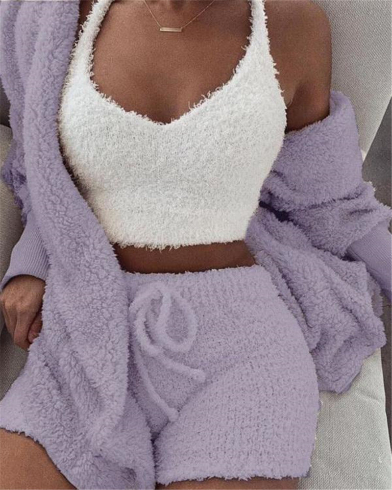 Women's 3-piece fleece pajama set in violet with white tank top