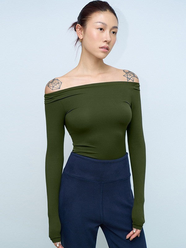 Women's Cotton Jersey Off-Shoulder Long Sleeve Top