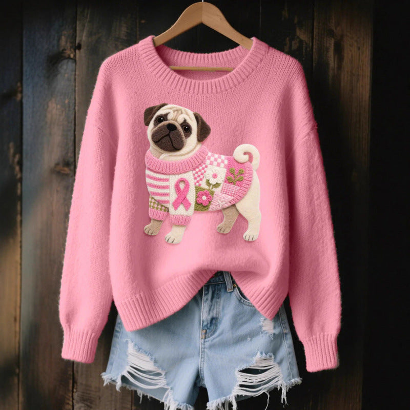 Womens 3D Printed Round Neck Chunky Knit Sweater