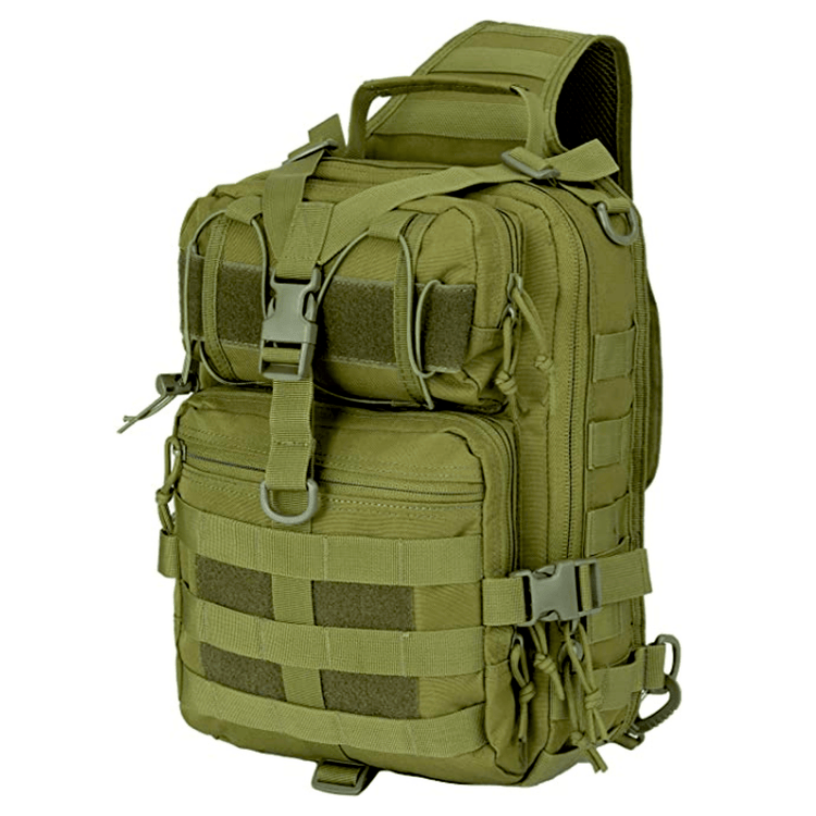 15L MOLLE sling bag in Khaki, front panel with webbing
