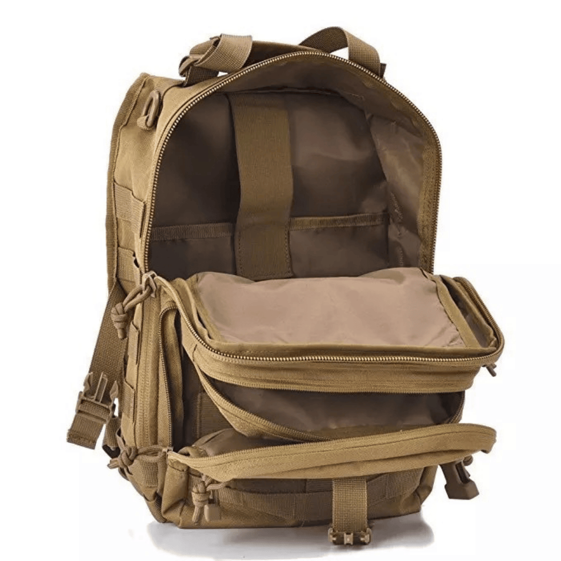15L MOLLE sling bag flat lay showing full webbing layout