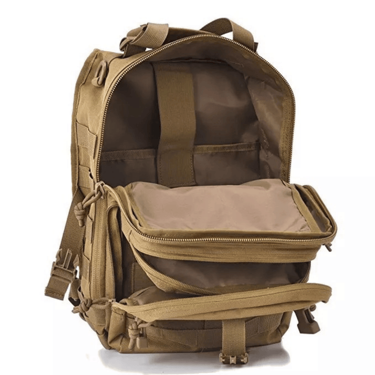15L MOLLE sling bag flat lay showing full webbing layout