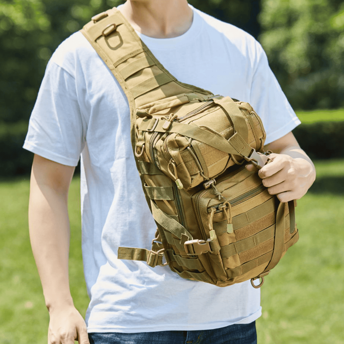 15L MOLLE sling bag worn on back in Khaki