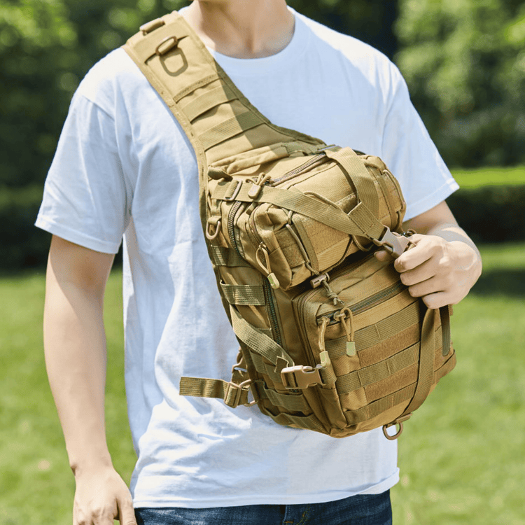15L MOLLE sling bag worn on back in Khaki