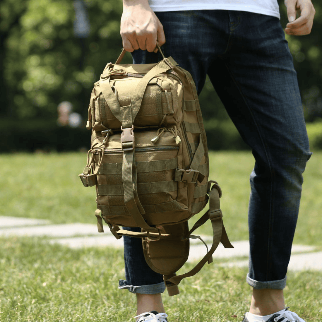 15L MOLLE sling bag size reference next to everyday items
