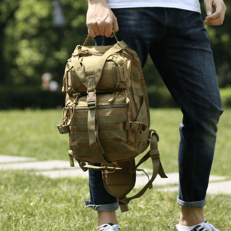 15L MOLLE sling bag size reference next to everyday items