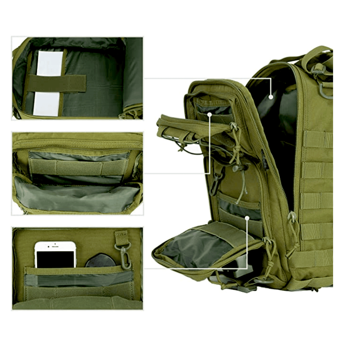 15L MOLLE sling bag in Green showing webbing attachment points