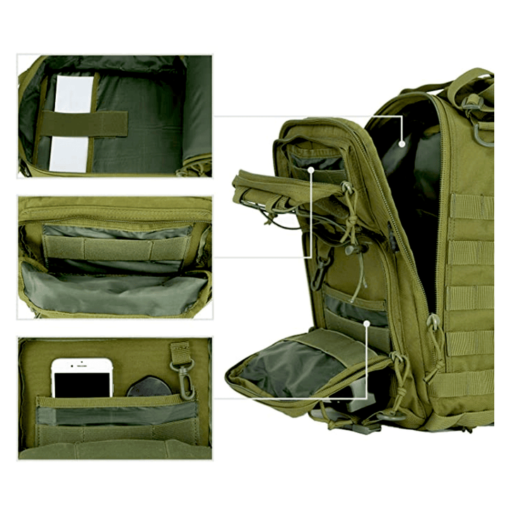 15L MOLLE sling bag in Green showing webbing attachment points