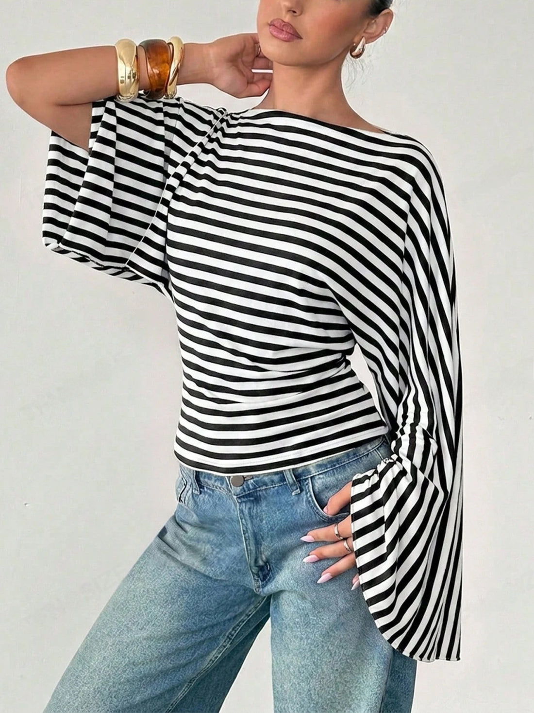Women's striped rib knit long sleeve tee with wide neckline, photo 8
