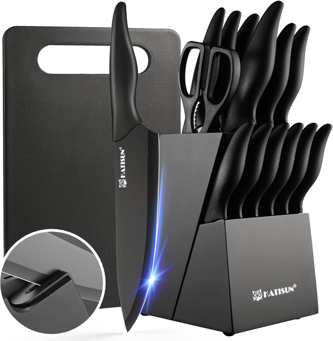 16-piece stainless steel kitchen knife set displayed in its wooden block with built-in sharpener slot
