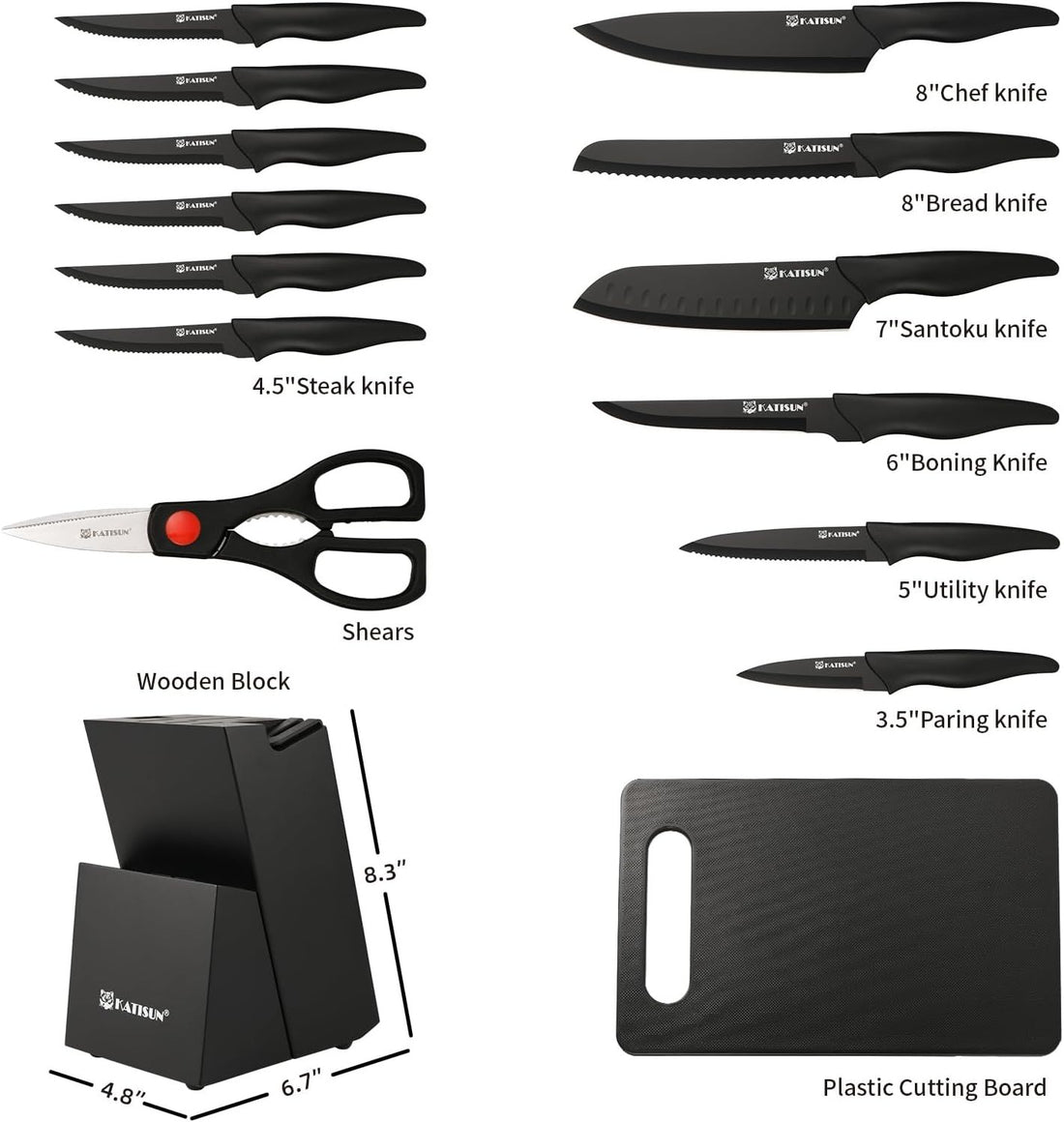 Kitchen knife set shown at an angle to display the full range of blade sizes