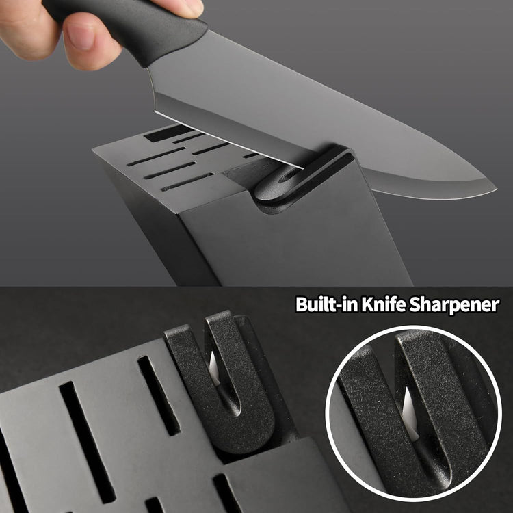 Chef knife from the 16-piece set being used to slice vegetables