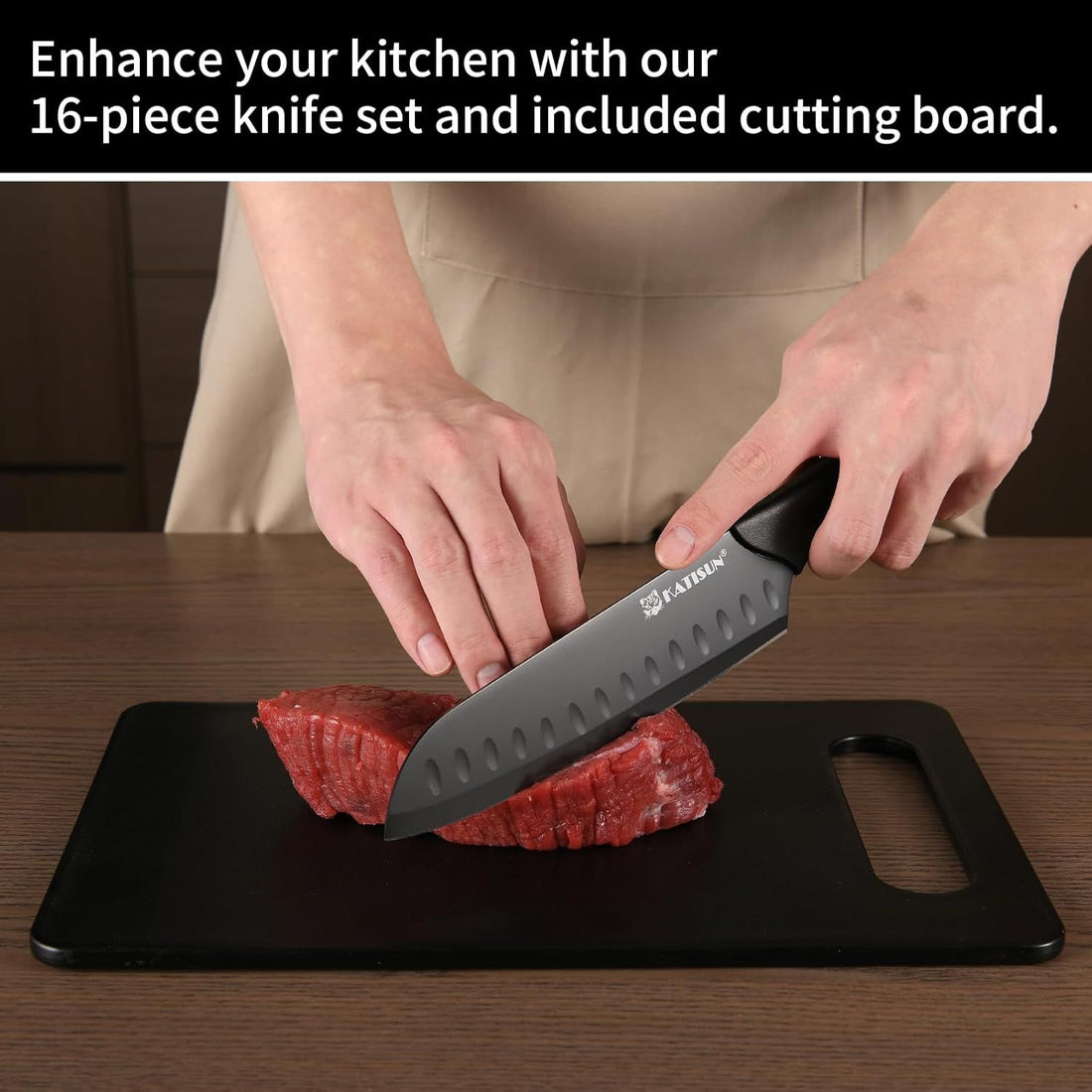 16-piece stainless steel kitchen knife set shown with its retail packaging