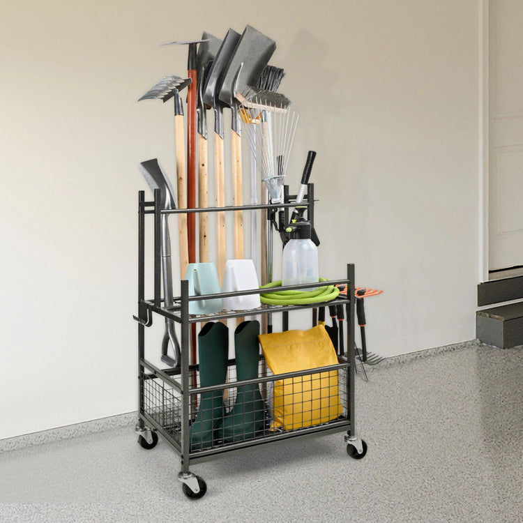 Garden tool organizer holding rakes and shovels upright