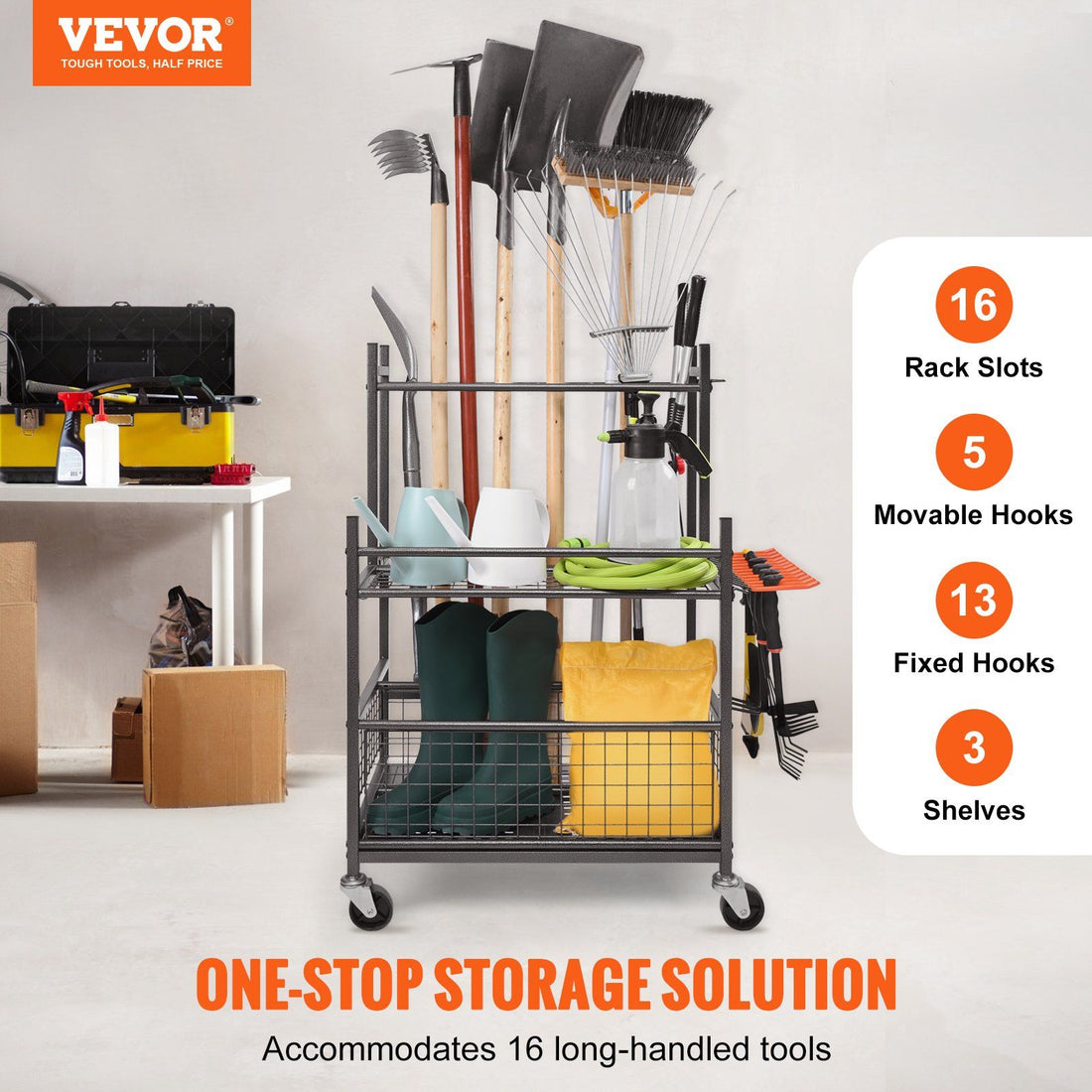 16-slot organizer with brooms and long-handle tools