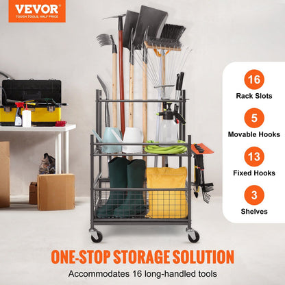 16-slot organizer with brooms and long-handle tools