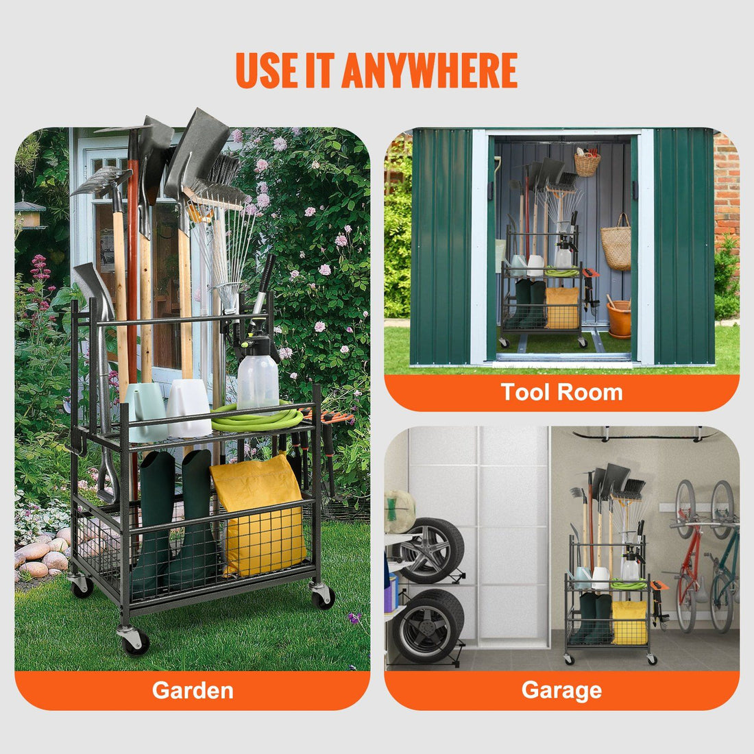 Garden tool organizer assembled in shed