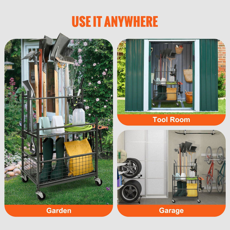 Garden tool organizer assembled in shed