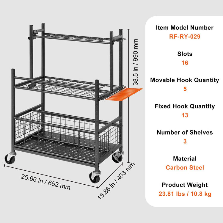 Size reference shot of 16-slot rolling garden tool organizer