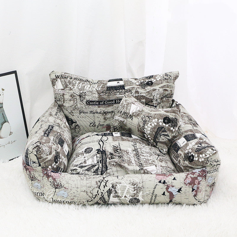 Small dog curled up on the armchair pet bed's plush cushion