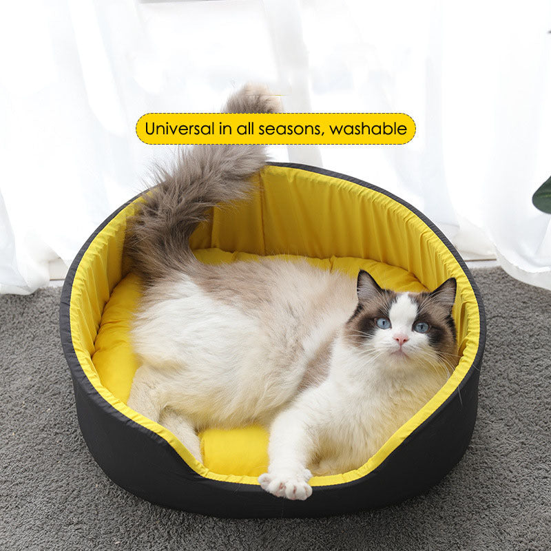 Cozy pet bed with padded base and raised rim shown from above