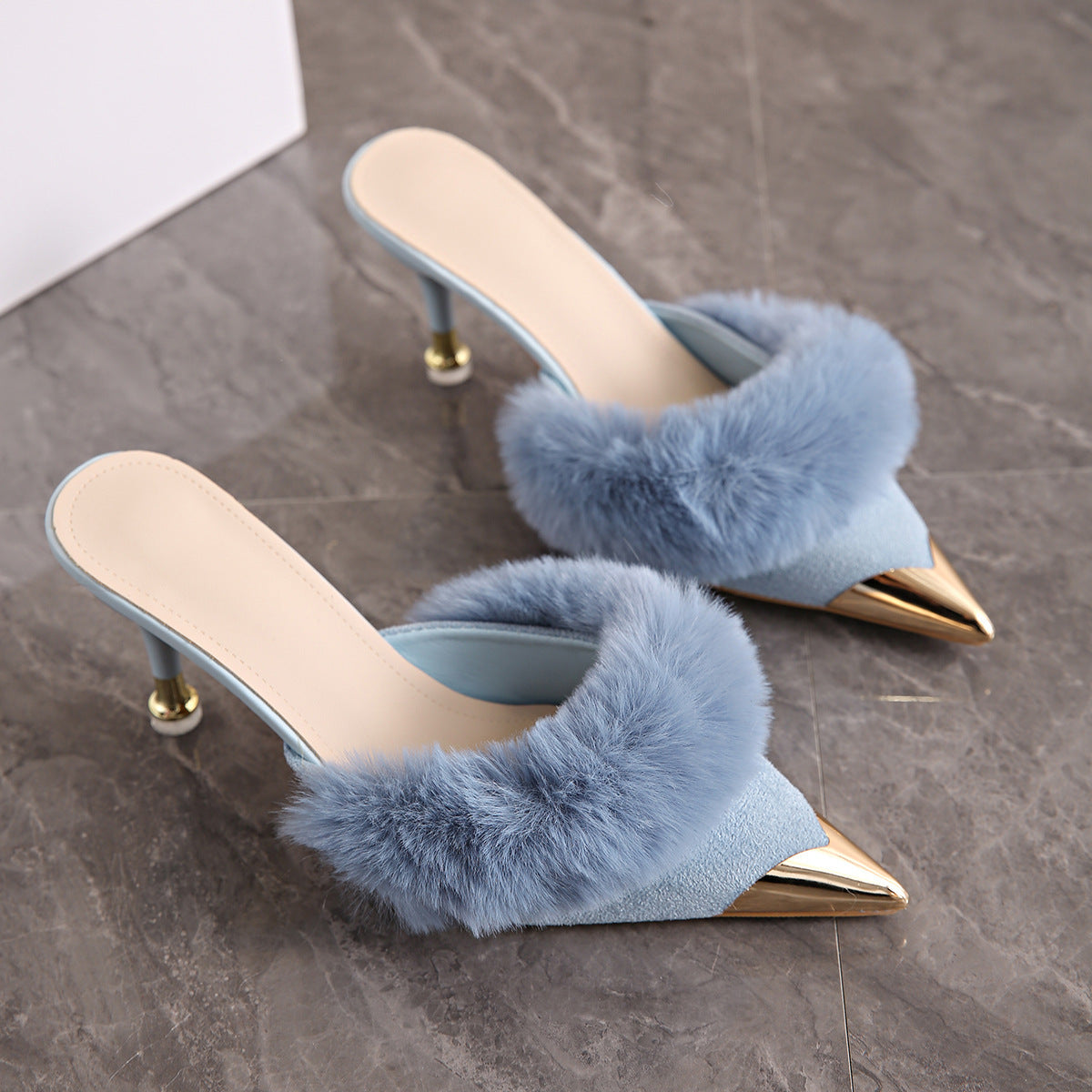 Womens Fur Pointed Toe High Heel Slippers
