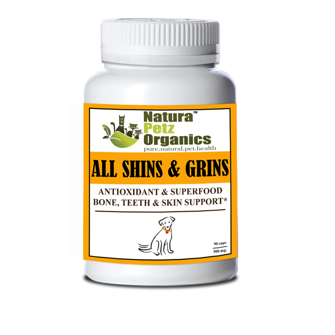 All Shins & Grins Capsules for dogs, 90 count, side view