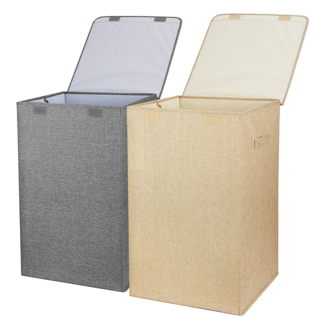Grey and brown laundry hampers side by side