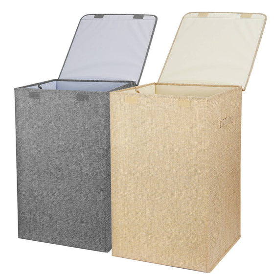 Grey and brown laundry hampers side by side