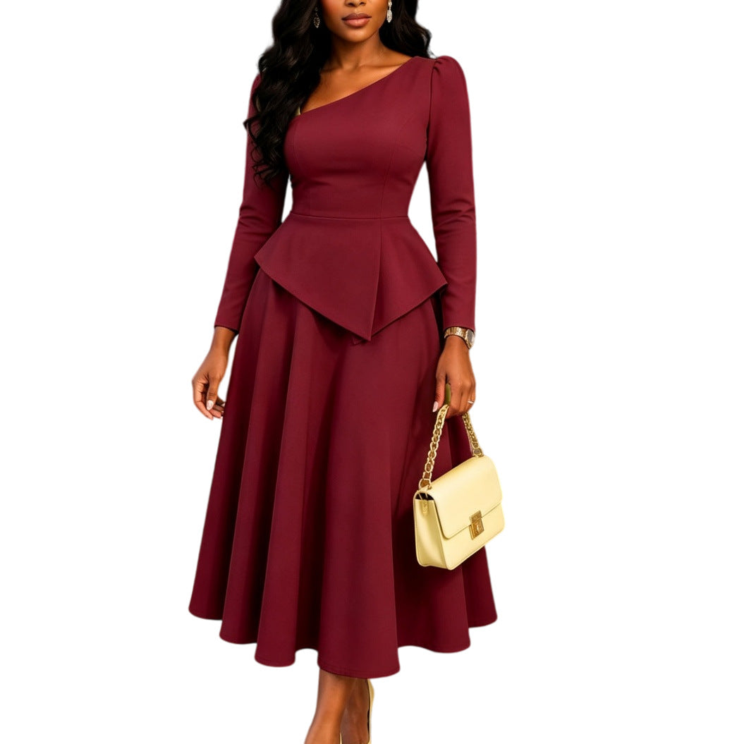 Women's slanted neckline ruffled waist long sleeve midi dress, photo 8