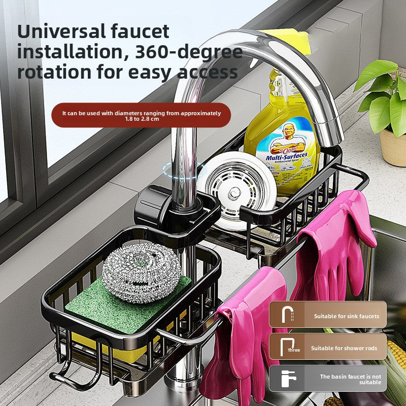 Space Aluminum Faucet Sink Storage Rack with Drip Tray
