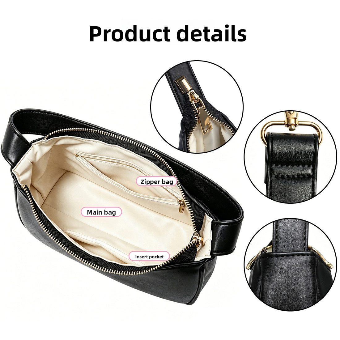 PU Leather Women's Underarm Bag Large Capacity Zipper Tote Handbag