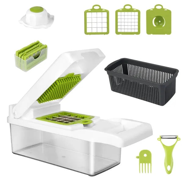 Vegetable chopper with 12 interchangeable blades and catch container