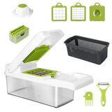 Vegetable chopper with 12 interchangeable blades and catch container