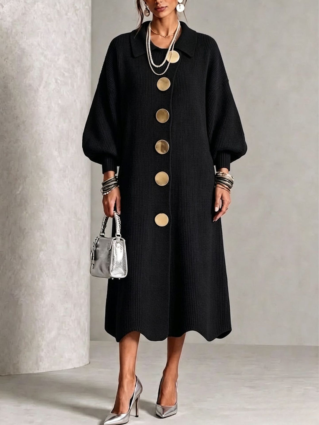 knitted dress with metal buttons