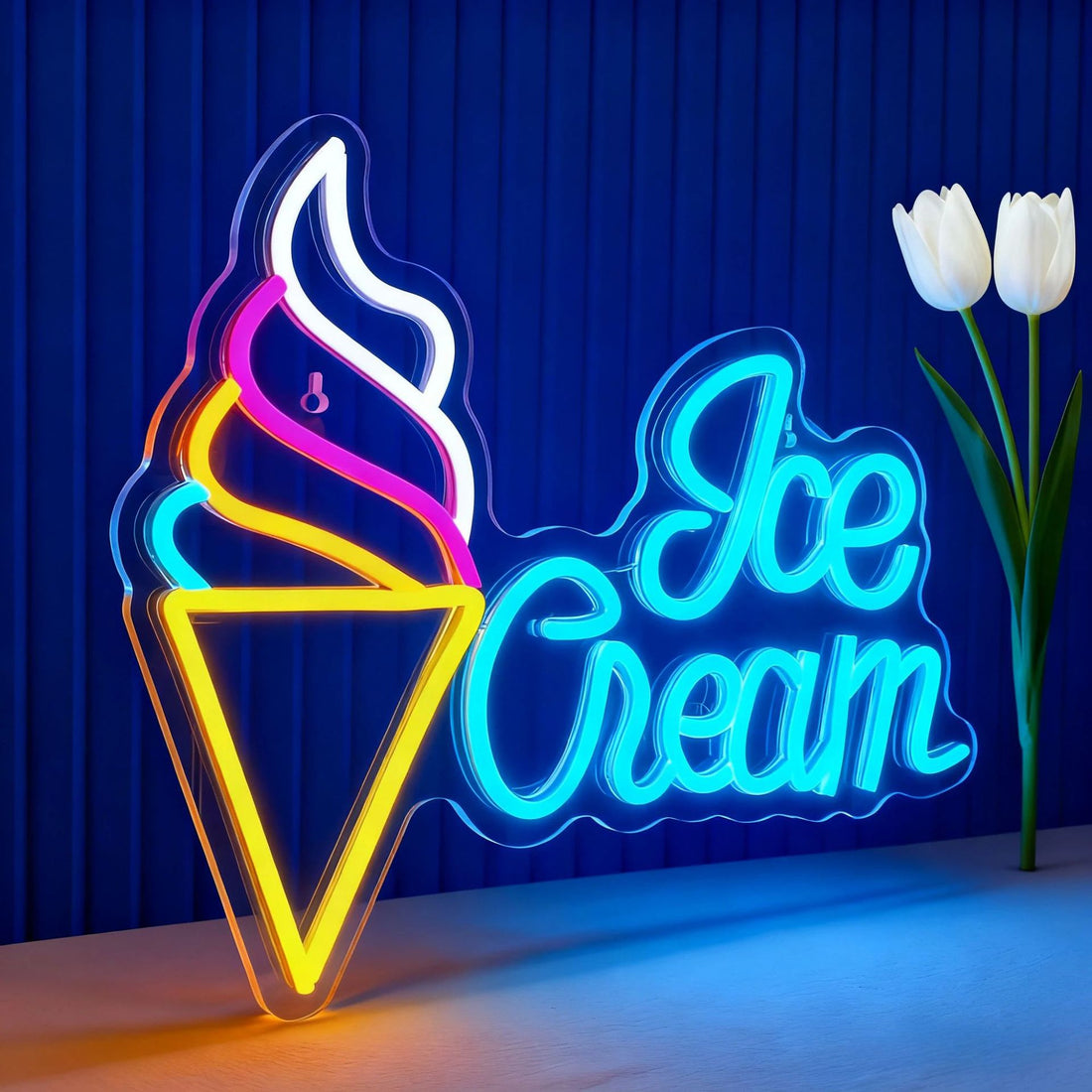 Ice cream shaped LED neon sign with heart on clear backplate, photo 1