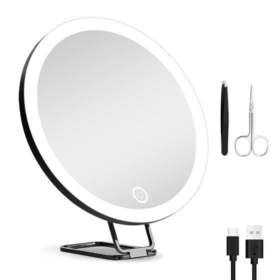 Black 30X magnifying mirror with stand, tweezers, scissors and USB-C cable