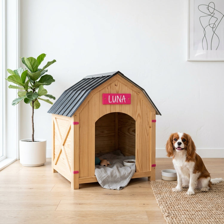 Barn pet house shown folded flat for storage