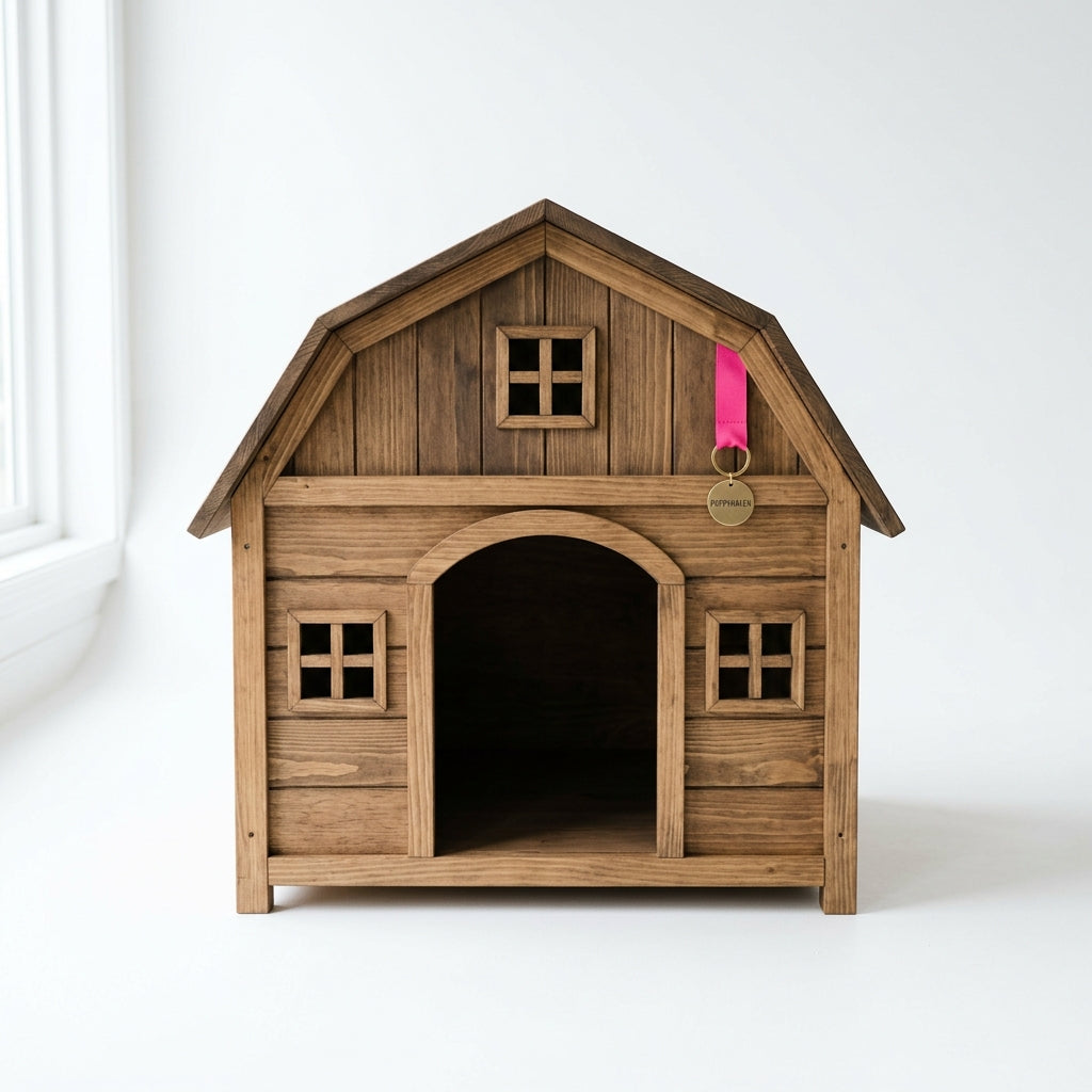 Cat resting inside the barn pet house entrance