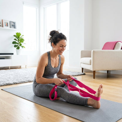 Yoga stretch strap held overhead for shoulder mobility