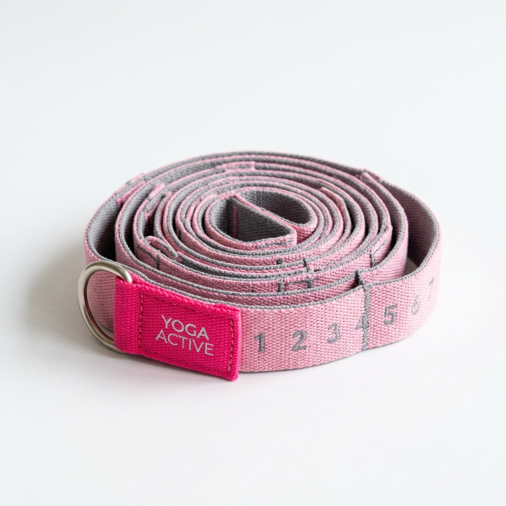 Yoga strap looped around foot during hamstring stretch