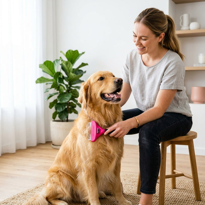 Deshedding tool being used on a dog's coat