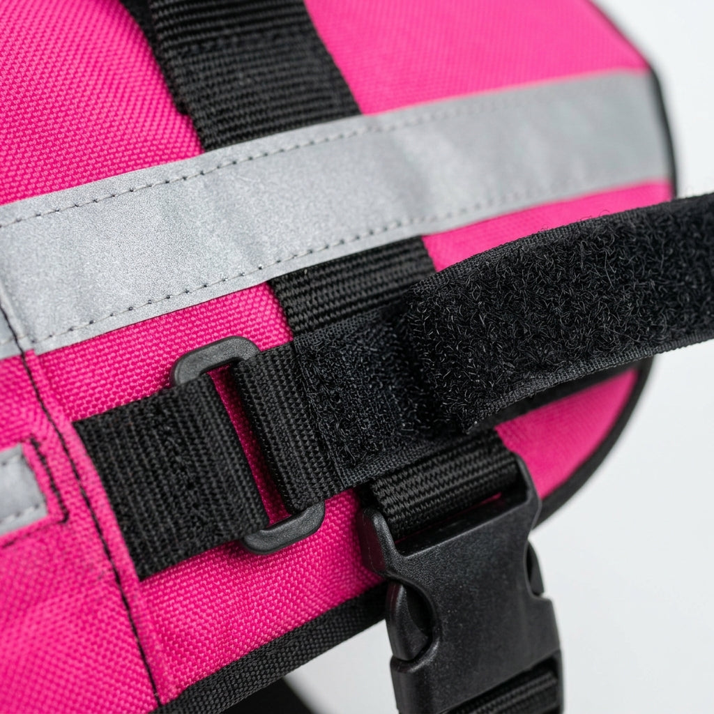 Small dog reflective vest detail showing hi-vis surface