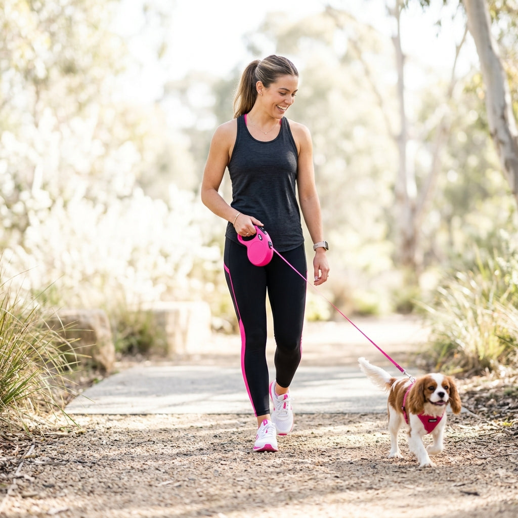 Small dog walking on the retractable leash