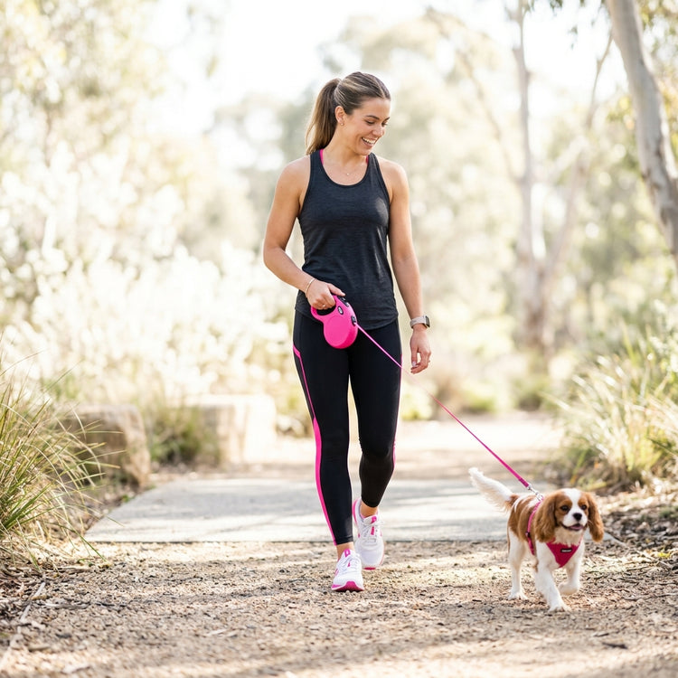 Small dog walking on the retractable leash
