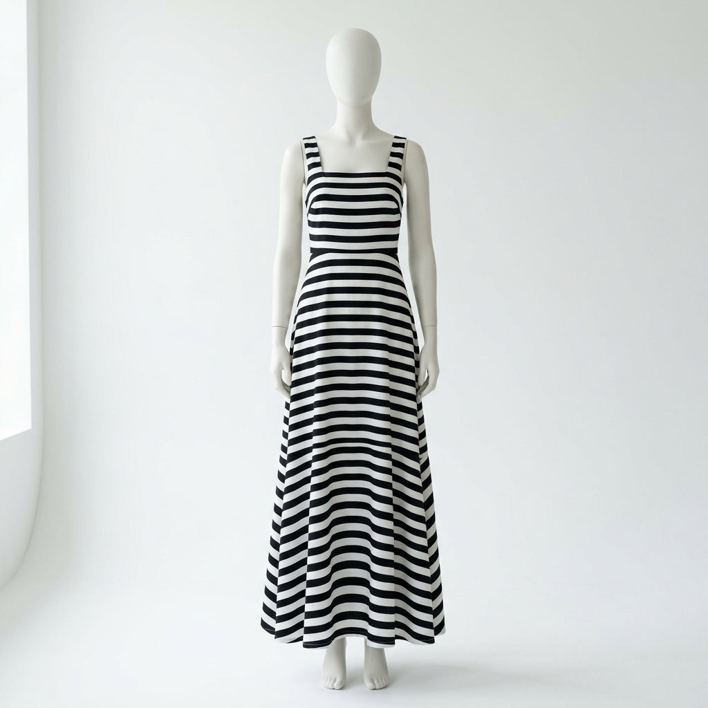 Women's Striped Square Neck Maxi Dress — Black